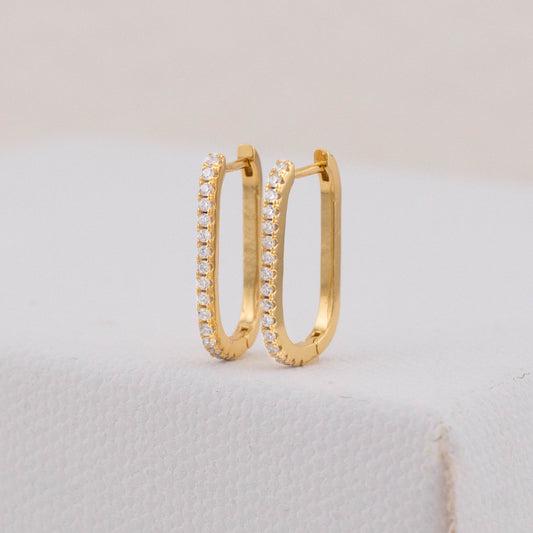 Gold square hoop earrings with pave stones, showing front and inner view.